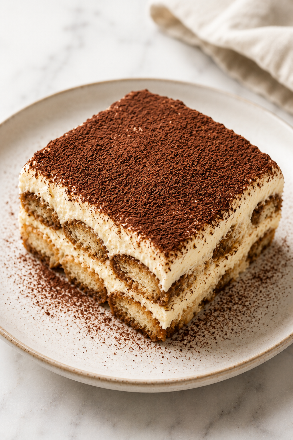 Classic tiramisù with espresso-soaked ladyfingers and cocoa dusting