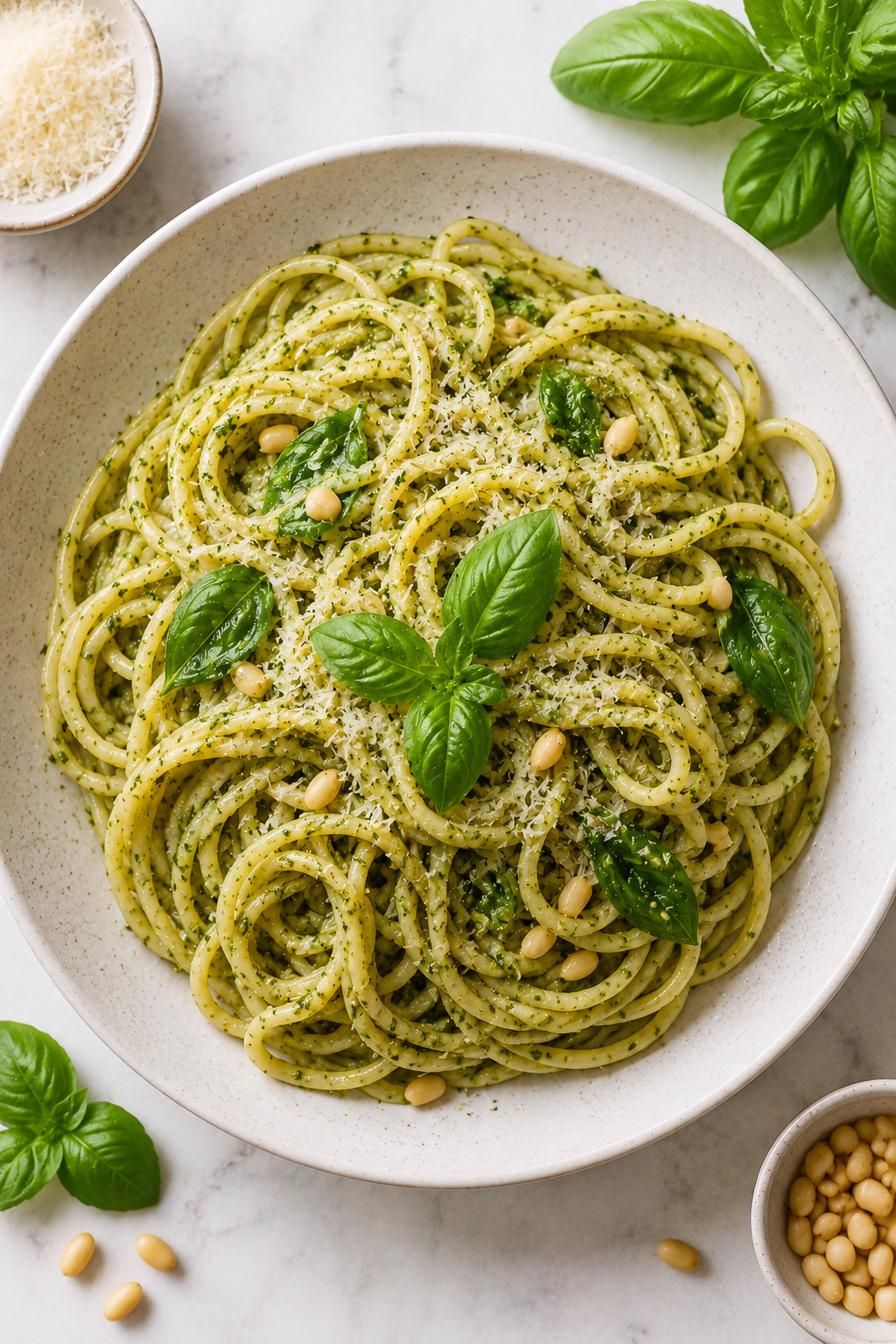 Trofie pasta with Pesto Genovese, basil, pine nuts, and parmesan