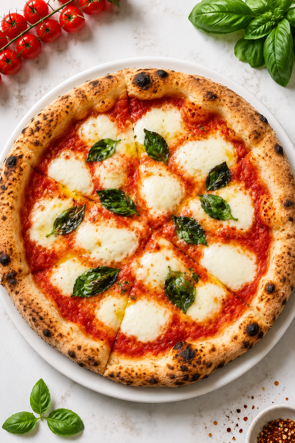 Wood-fired Margherita pizza with San Marzano tomato and fresh basil