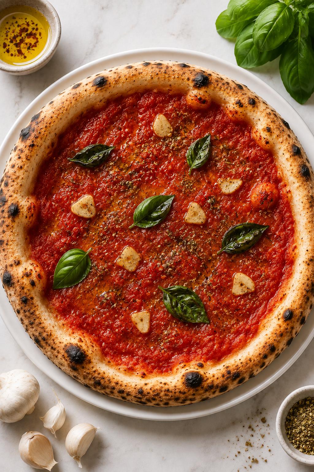 Wood-fired Marinara pizza with San Marzano tomato, garlic, and oregano