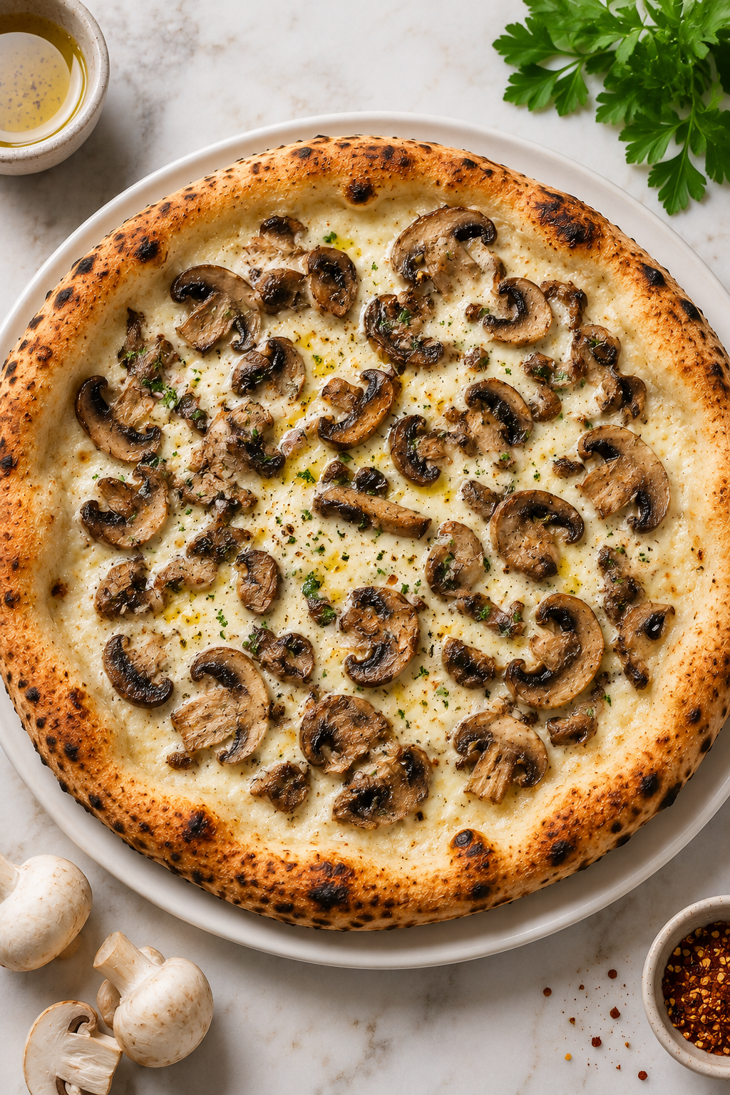 Wood-fired mushroom pizza with mozzarella and wild mushrooms