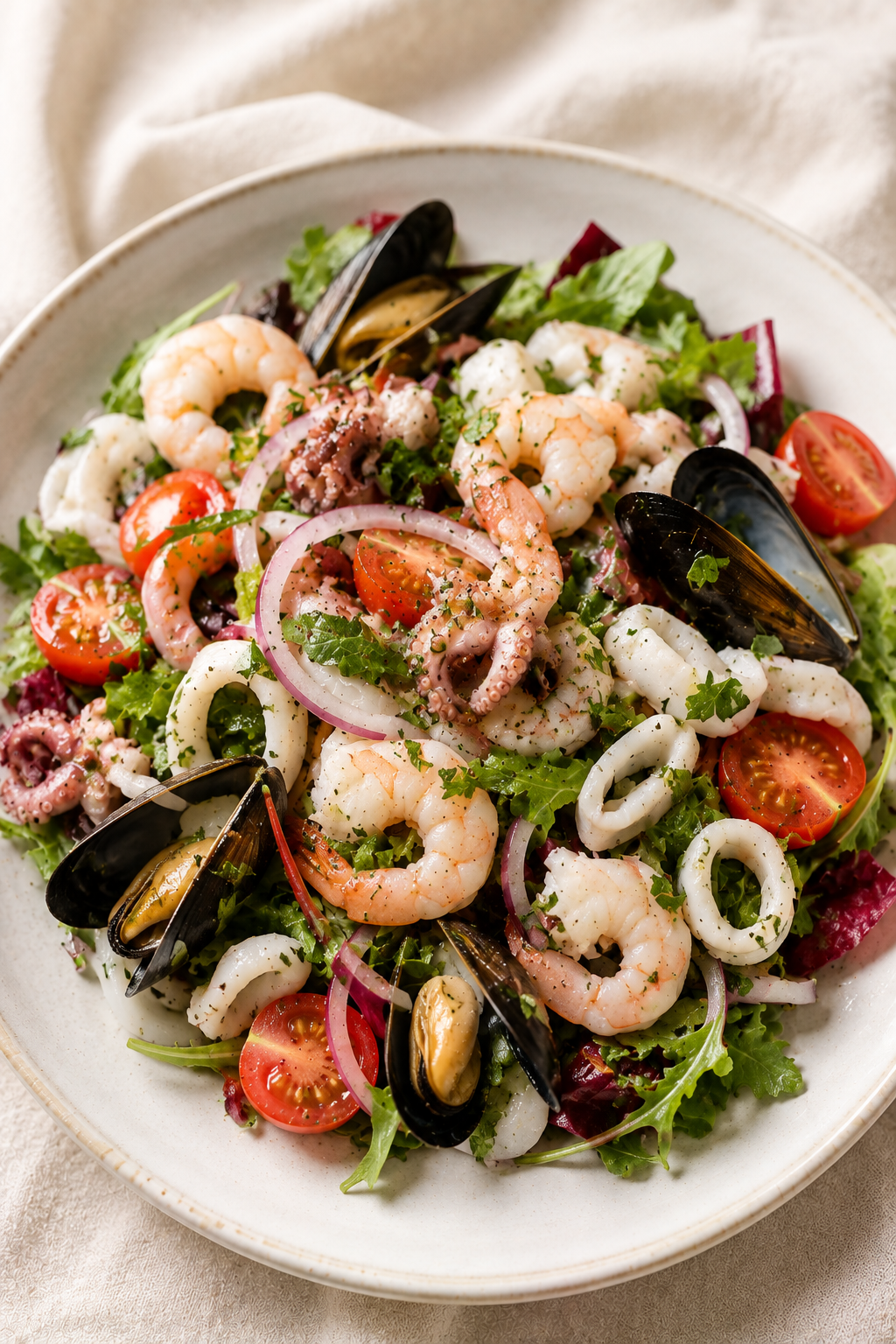 Insalata di mare seafood salad with calamari, shrimp, and lemon