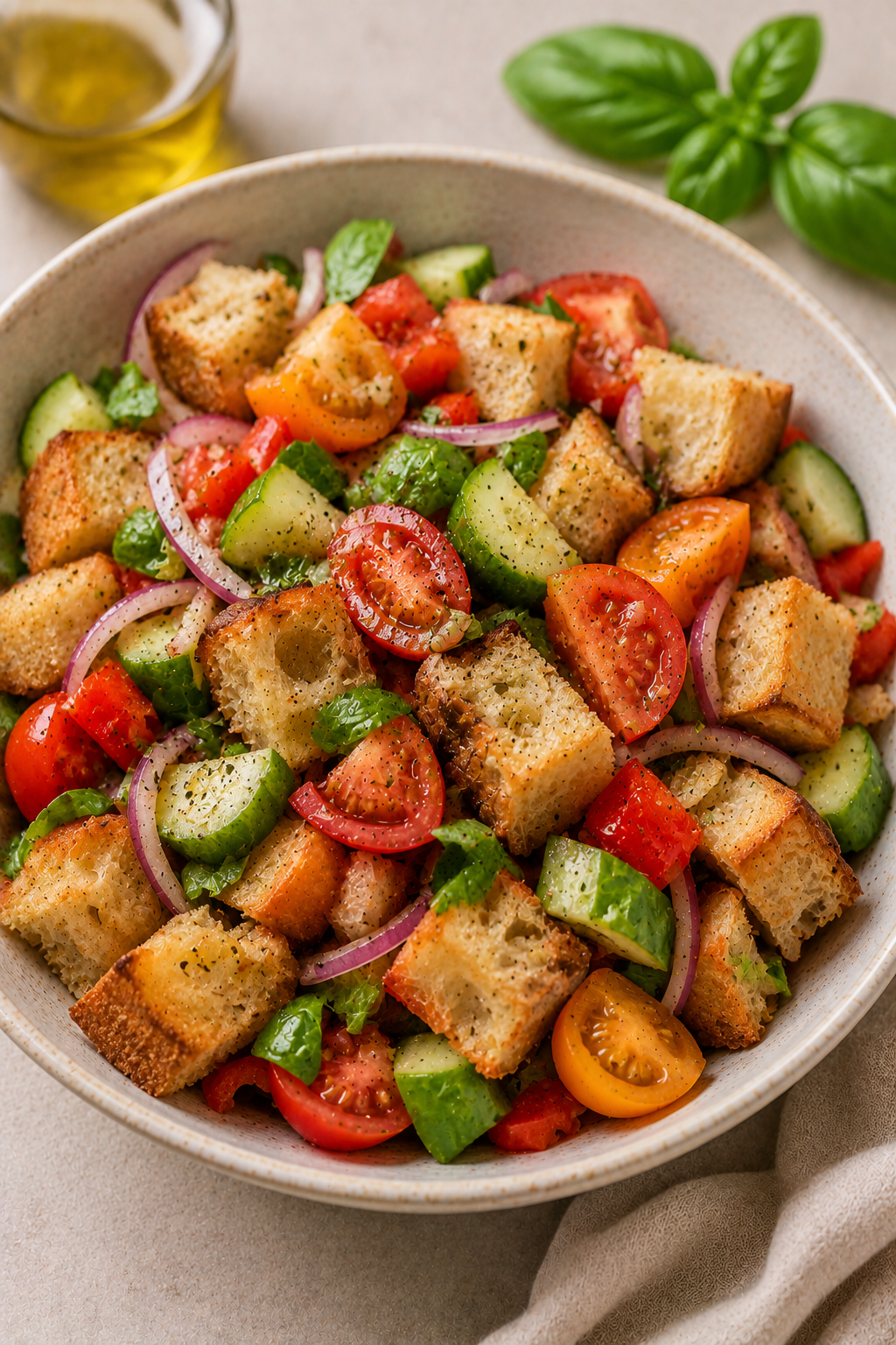 Panzanella salad with heirloom tomato, cucumber, and crusty bread